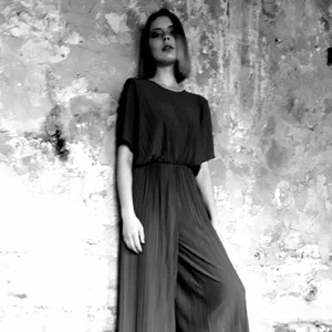 White, Clothing, Black, Fashion model, Black-and-white, Dress, Lady, Shoulder, Standing