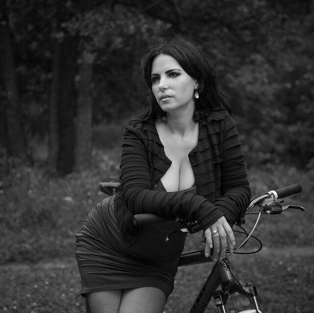 Lady, Beauty, Bicycle, Black-and-white, Jacket, Fashion, Portrait, Monochrome