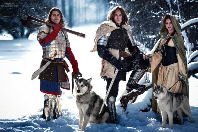 средневековье, рыцарь, принцесса, зима, снег, лес, сказка, собаки, хаски, маламут