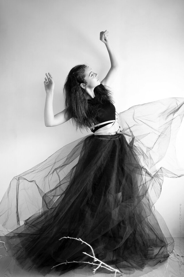 Lady, Black-and-white, Dancer, Dress, Monochrome, Monochrome photography, Long hair, Dance