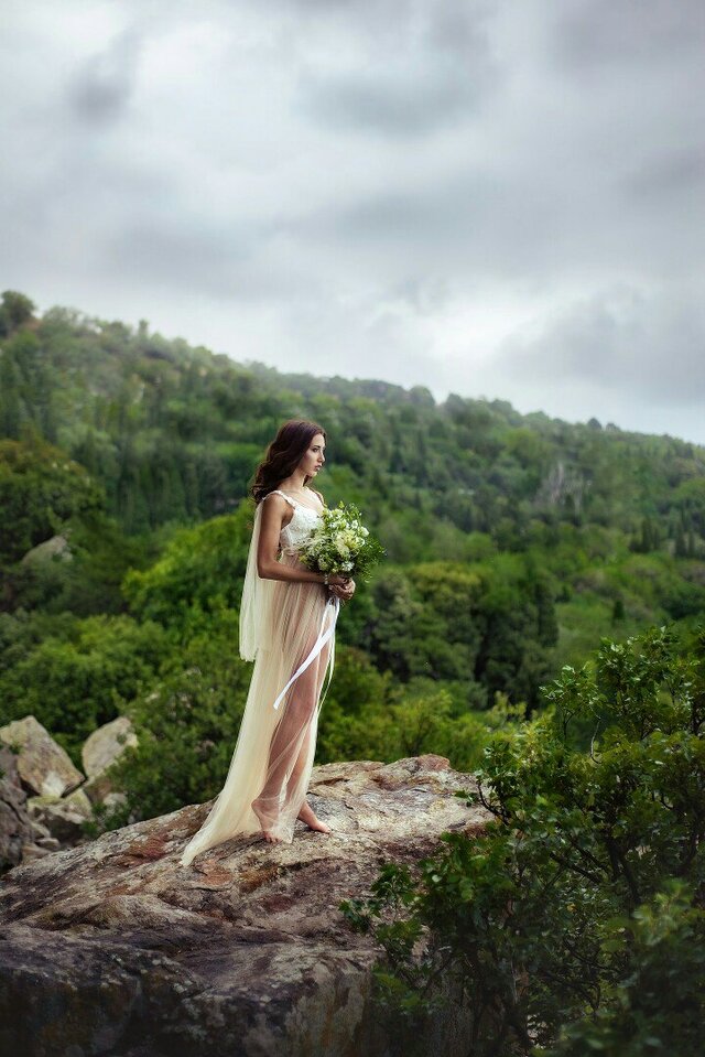 People in nature, Dress, Beauty, Wedding dress, Gown, Bride, Sky, Bridal clothing