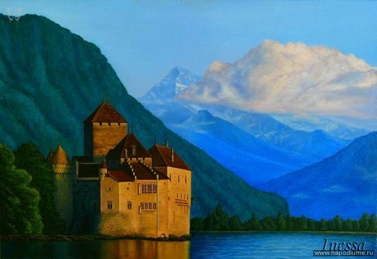 "Шильонский замок". Швейцария.  Масло. ДВП. Размер: 40Х57