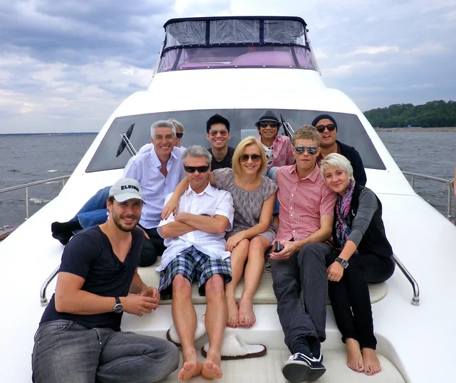 Yachting: clockwise Michael Nathalie Models Paris, Lionel City Models Paris, David WMM, Ed DCM Seoul, Roger Designer HongKong, Jose Wilhelmina Models NY, Josh Fusion Models NY, myself, Eugene WMM Ltd USA