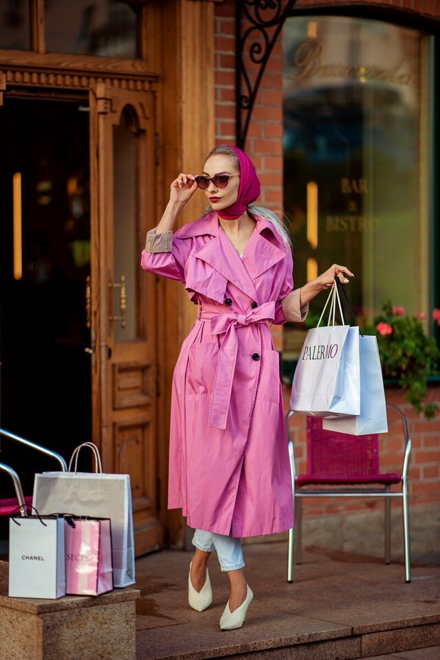 Pink, Clothing, Trench coat, Coat, Outerwear, Robe, Street fashion, Magenta, Peach, Overcoat