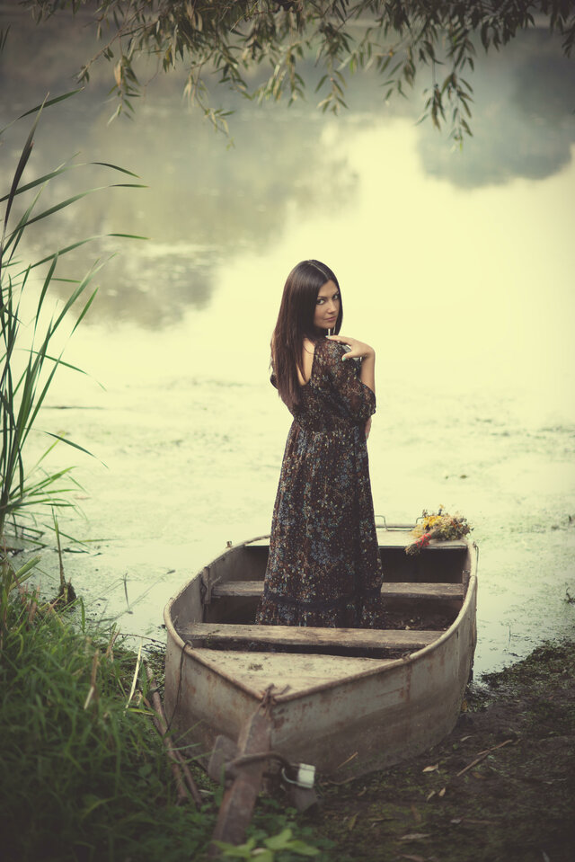 девушка, модель, лодка, вода, река, фото, фотосессия