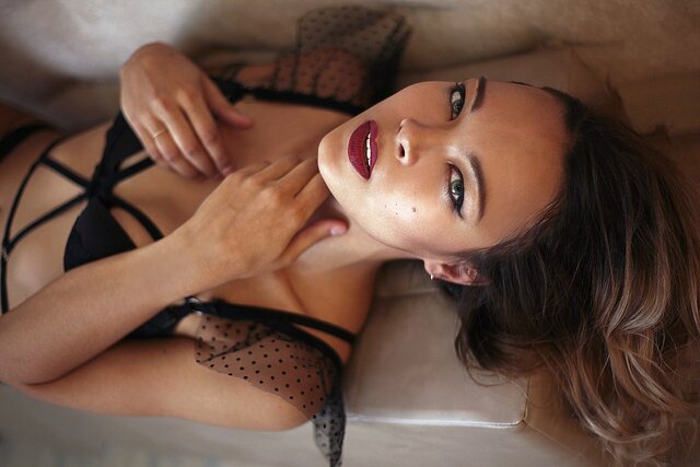 Beauty, Mouth, Fetish model, Model, Undergarment, Brown hair, Hand, Agent provocateur, Black hair