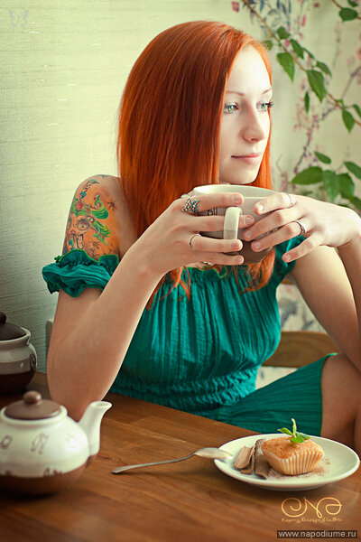 Redhair, Turquoise, Dress, Vintage, Table, Muffin, Mint, Leafs, Teapot, Cup, Ginger, Green, Wallpapers, Kitchen, Tea, Plate, Cinnamon, Tattoo, Girl, Portrait