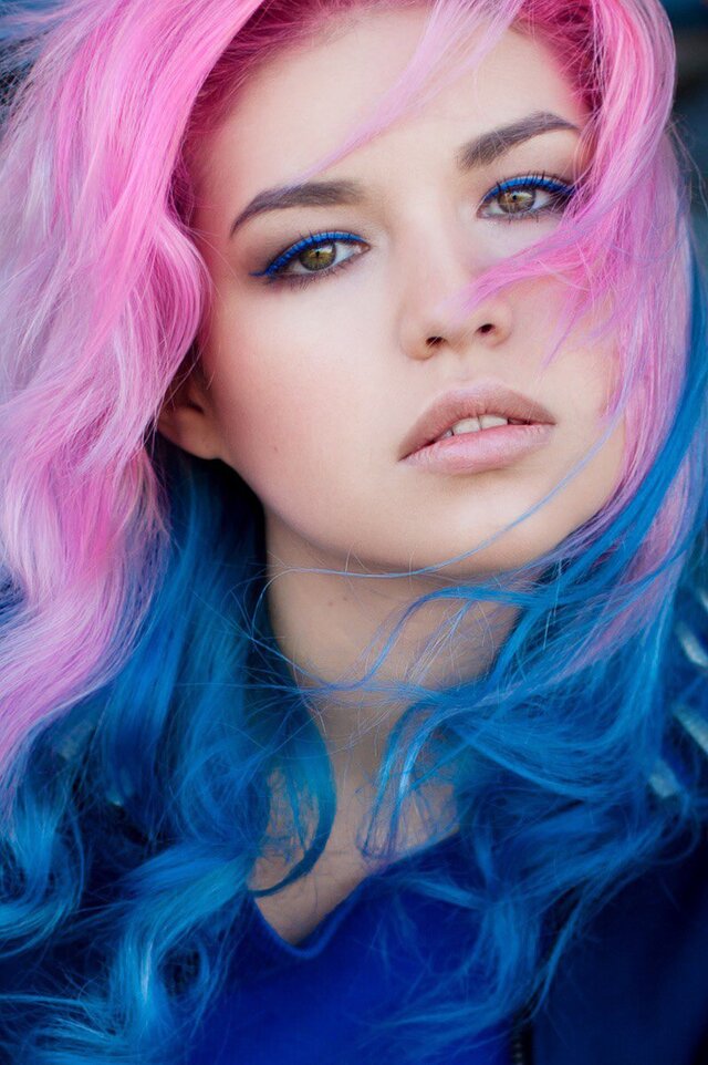 Face, Blue, Hair coloring, Pink, Eyebrow, Hairstyle, Purple, Chin, Beauty
